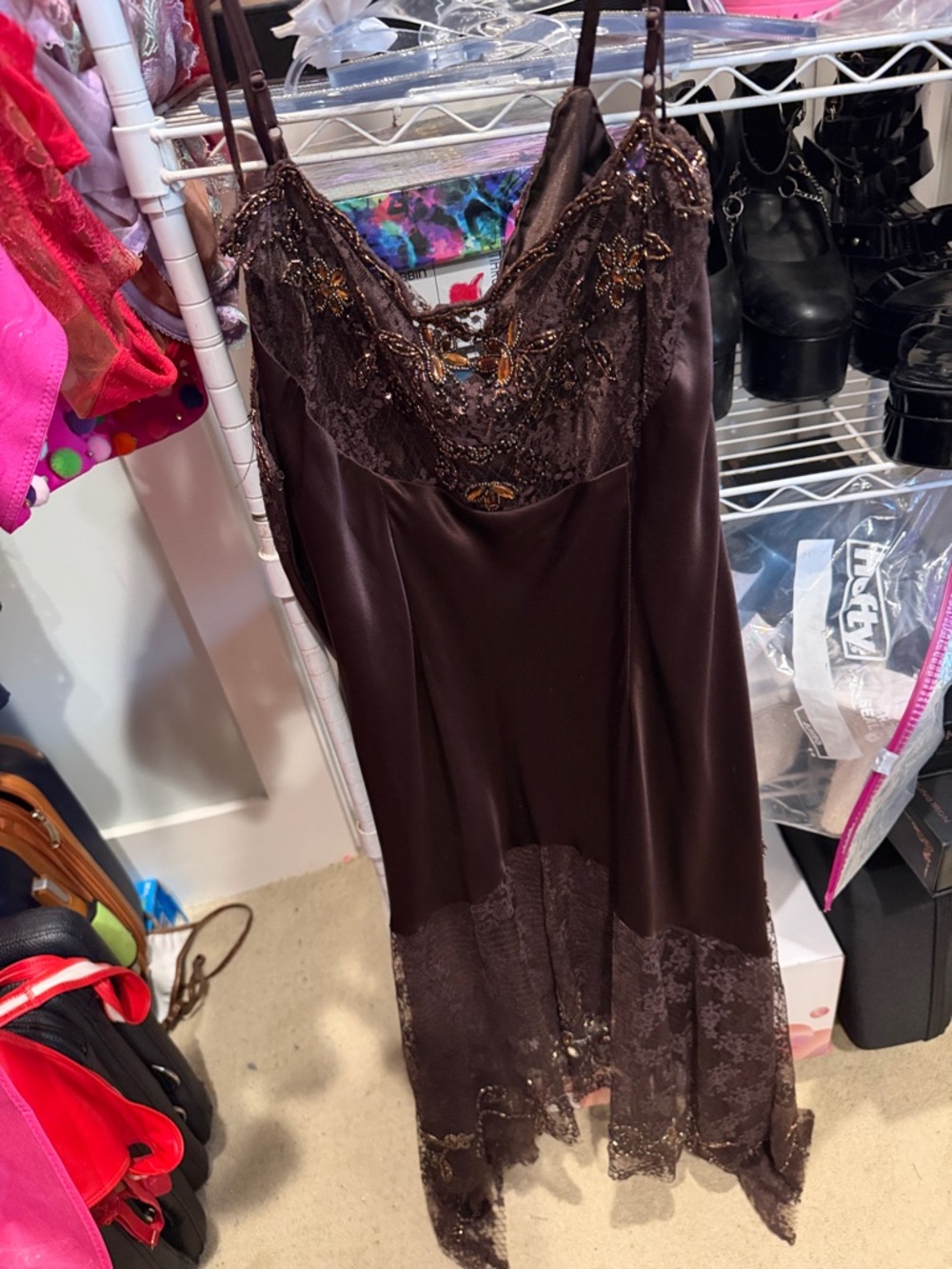 Sue Wong Chocolate Brown Beaded Lace Maxi Slip Dress